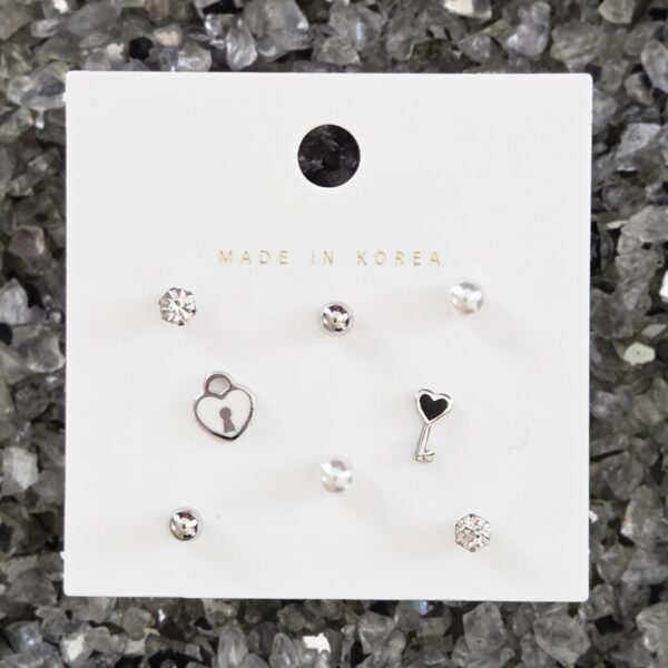 [HO BAK SUNG] Lock + Key Stud Earrings Silver (8 pcs)